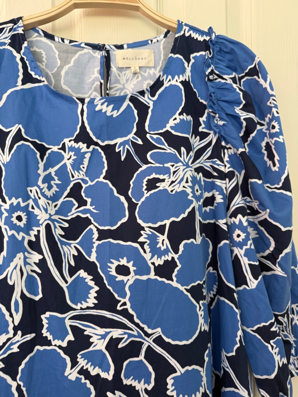 MELLODAY Navy and Blue Floral Puff-Sleeve dress- size large